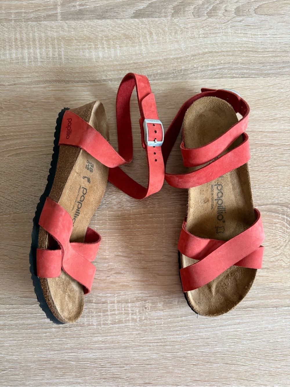 Birkenstock Papillio Lola Nubuck Leather low wedge ankle wrap Sandals Sz 38/7